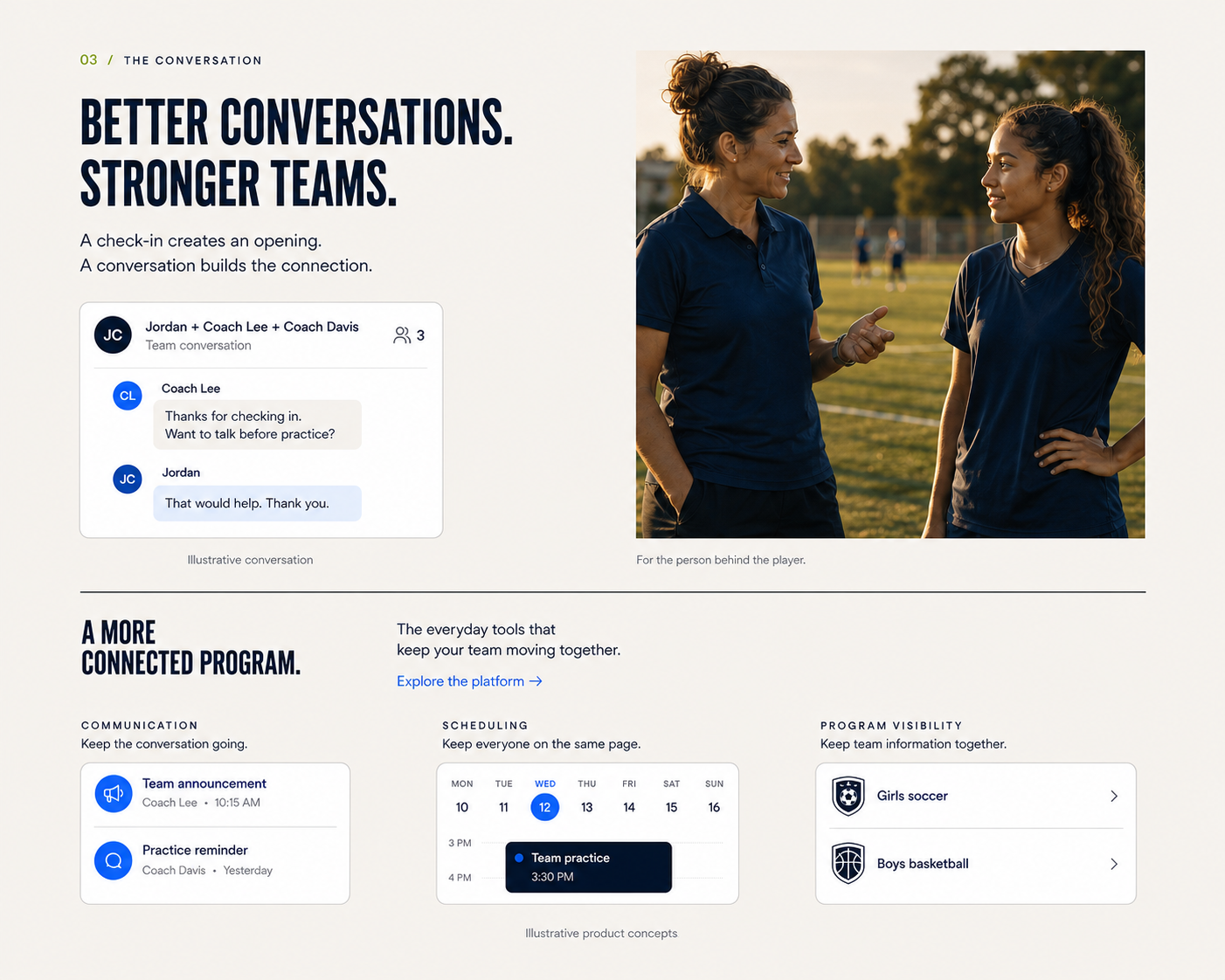 Better conversations. Stronger teams. A fictional conversation between an athlete and two coaches, followed by concepts for team communication, scheduling, and program visibility.